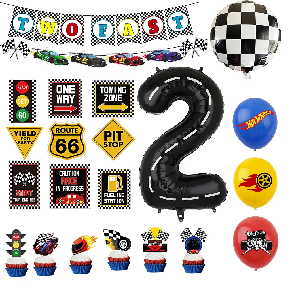 

Race Car Two Fast Birthday Decorations Kids Boys Racing Theme 2nd Party Supplies Banner Cup Toppers and Hot Wheels Balloons