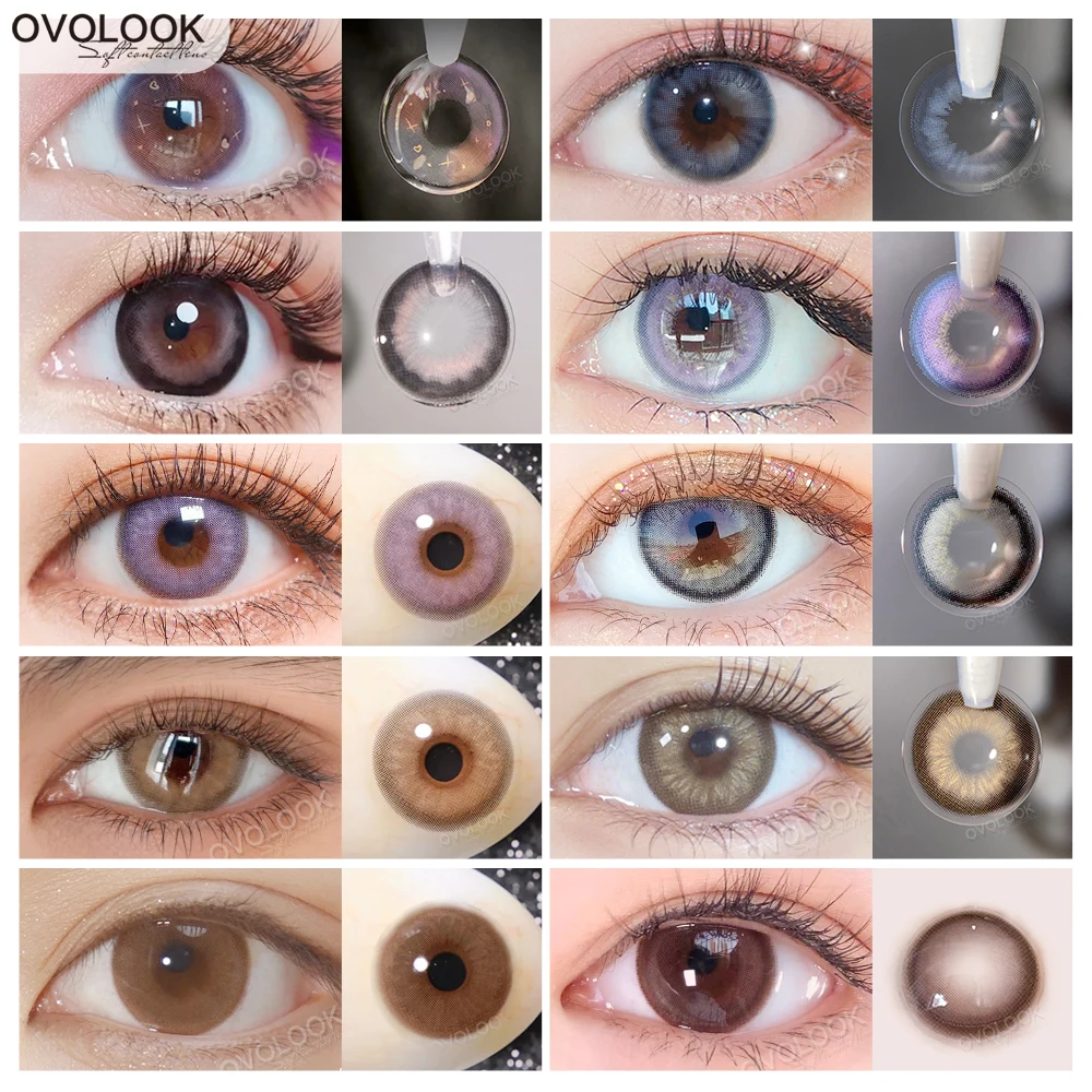 OVOLOOK-2pcs/pair 10 Tone Colored Contact Lenses for Eyes Comestic Colourful Pupil Beauty Eye Color Lens with Cute Cases Myopia