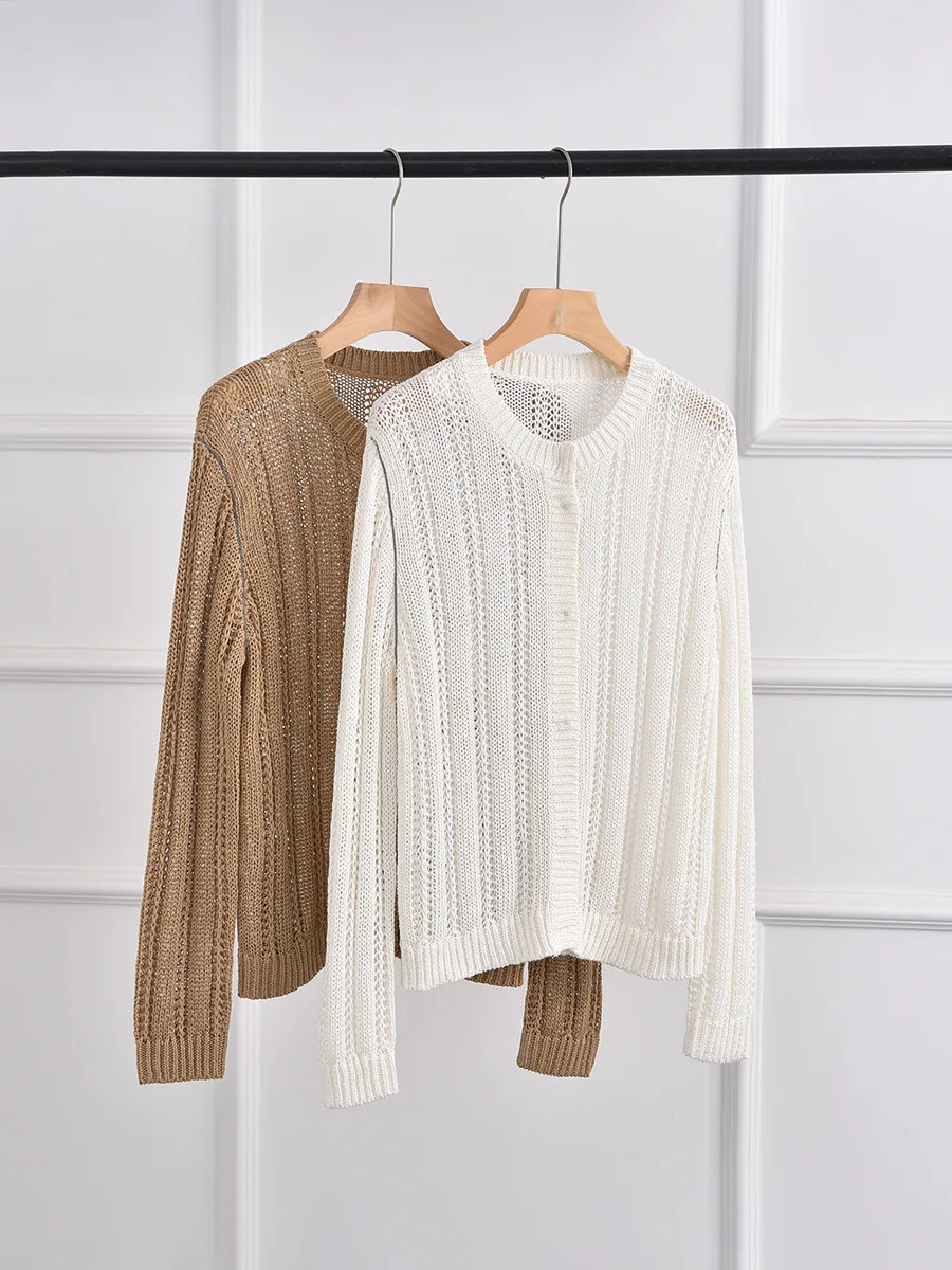 

Hollow Out Beading Chain Women Thin Sweater 100% Linen Loose Casual Single Breasted Female Sunscreen Knitted Cardigan Coat