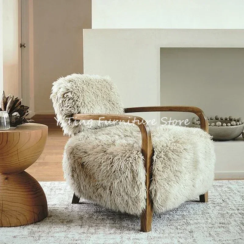 Nordic Solid Wood Imitation Wool Leisure Living Room Chair Modern Simple Designer Lazy Single Sofa Chair Sillas Furniture
