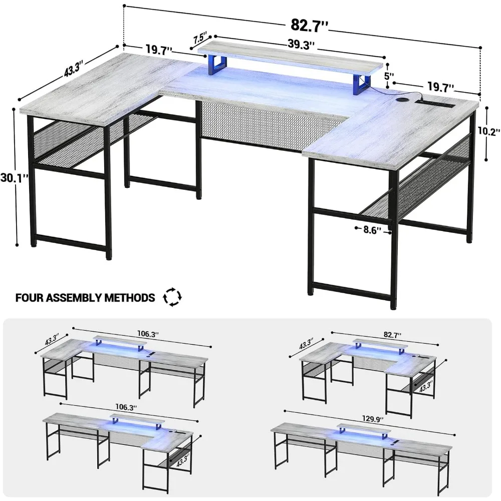 U Shaped Computer Desk with Power Outlet and LED Strip, Reversible L Shaped Office Desk with Monitor Stand and Bookshelf 3