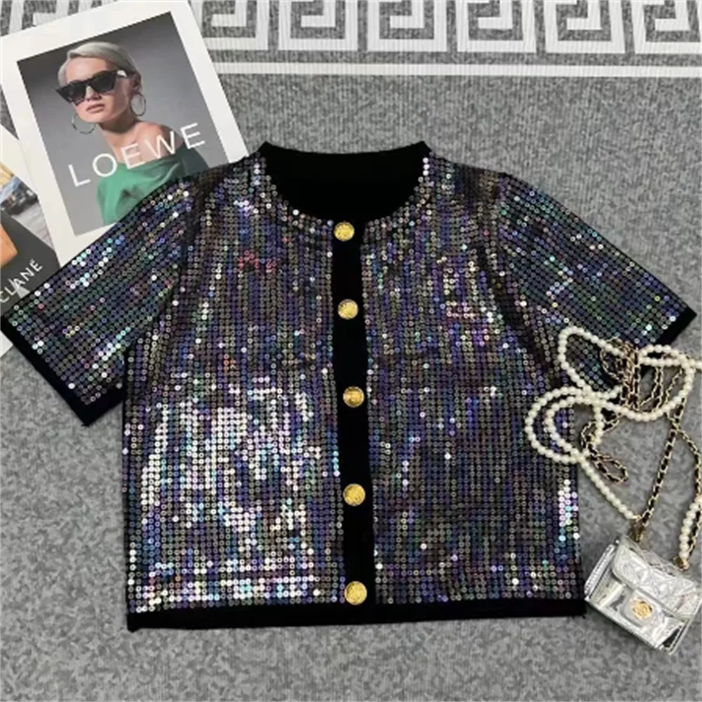 

Однобортный свитер с бриллиантами и блестками, короткая трикотажная рубашка для женщин