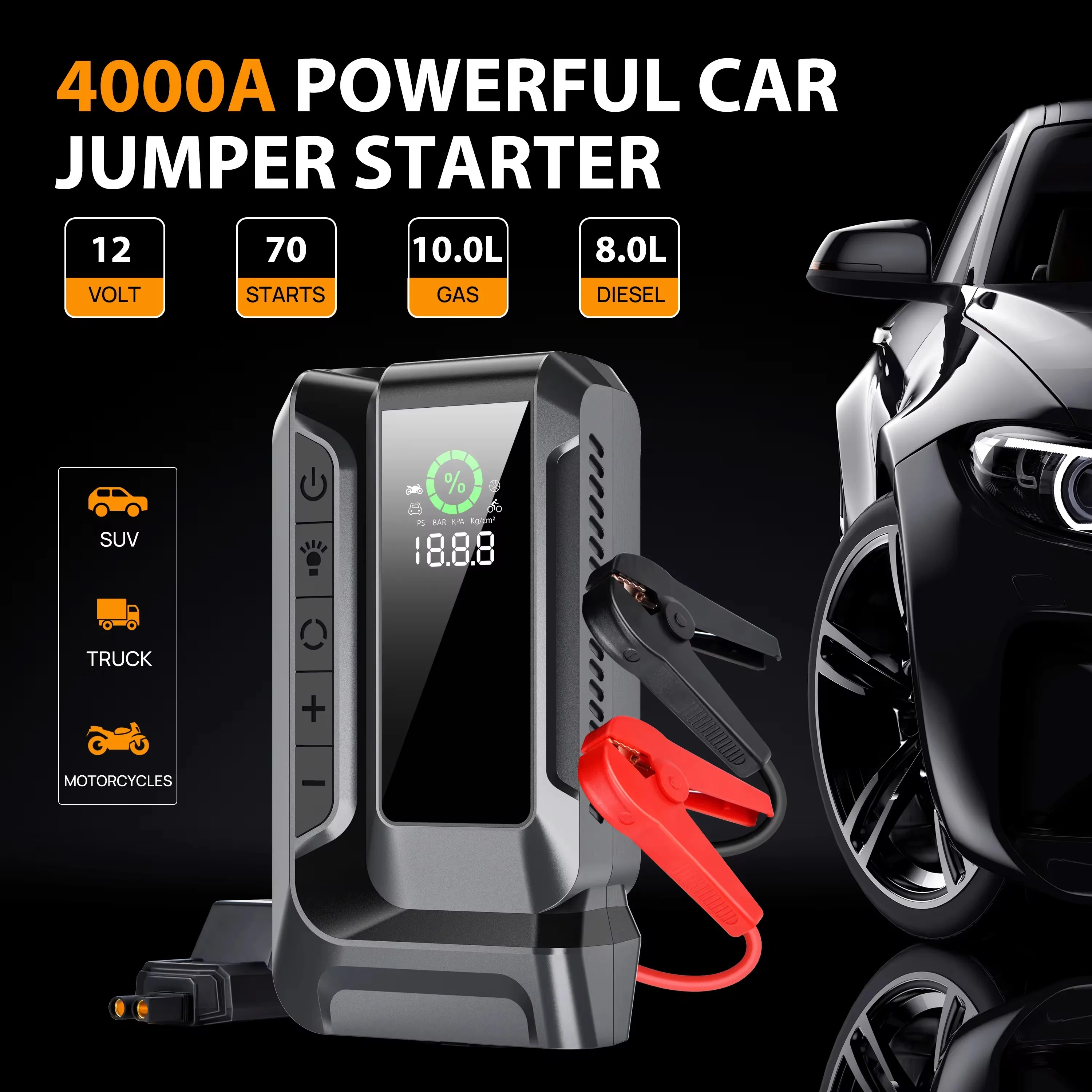Car Jump Starter Jump Starter 3 in1 Car Jump Starter Emergency Air Pump 160PSI Air Compressor 20000mAh Peak Current 4000A Starter Device Tire Inflator