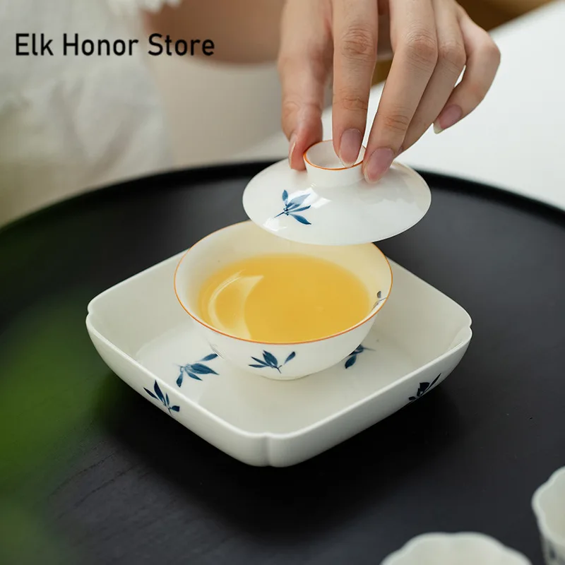 88ml Pure Hand-painted Butterfly Orchid Gaiwan Boutique White Porcelain Small Cup Tea Tureen Tea Maker Mini Cover Bowl Teaware