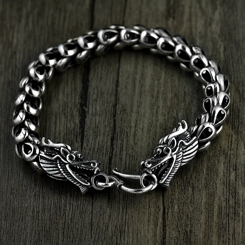 

Real 925 Sterling Silver Bracelet For Men Double Dragon Head Scale Link 18cm to 23cm Length Stamp S925