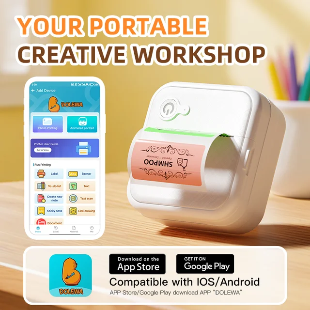 DOLEWA D8 Portable Mini Printers Wireless Bluetooth Inkless Sticker Maker Printer Tag Price Machine for Office School Kitchen 1
