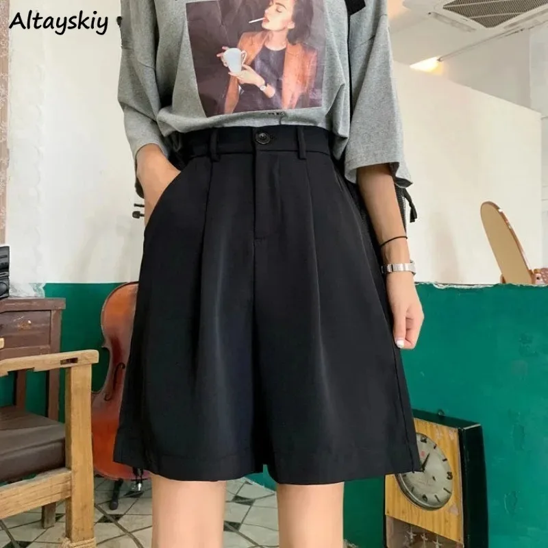 

Shorts Women Drape Black Simple All-match Straight High Waist Solid Streetwear Casual Simple Summer Ulzzang Mujer Prevalent Chic