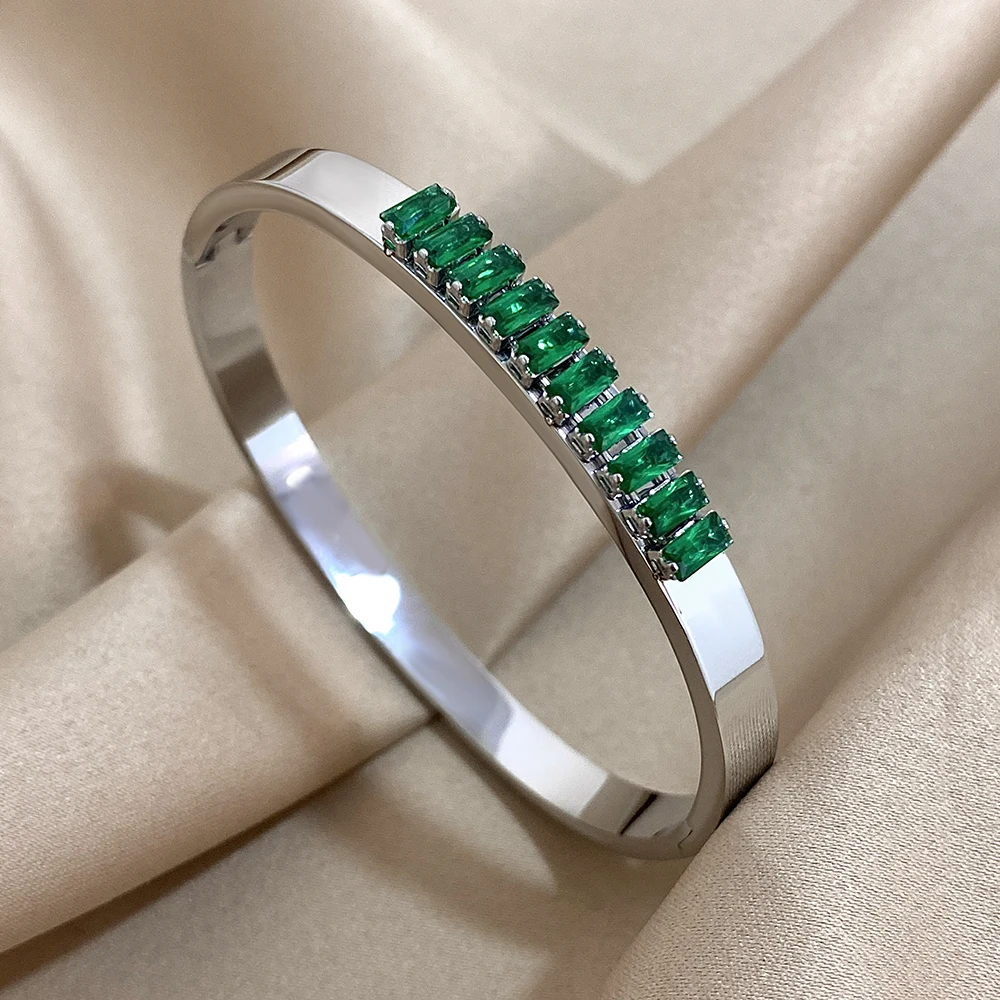 Gorgeous Green Zircon Stainless Steel Bracelet Geometric Thin Bangle for Women Wedding Birthday Party Waterproof Cuff Jewelry 3