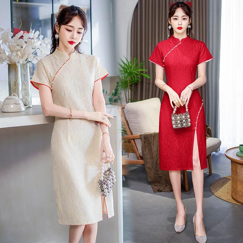 

Summer New Modern Lace Qipao Dress Elegant Retro Chinese Traditional Slim Young Improved Cheongsam CNY