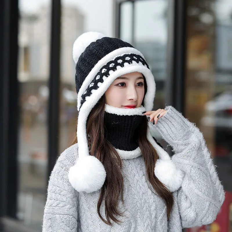 Neue Gestrickte Hut Dicke Warme Earflap Hüte Schal 2Pcs Set Fleece Gefüttert Ball Bommel Skullies Beanies Frauen Winter kaninchen Fell_voghion.com