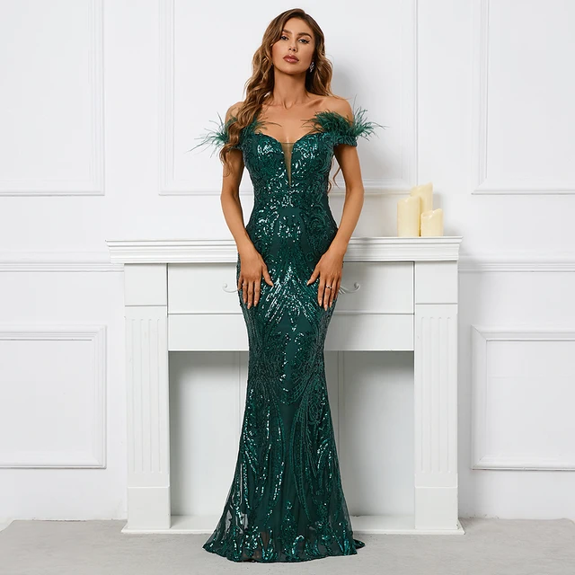 Kevwe Off Shoulder with Feather Sequin Dress