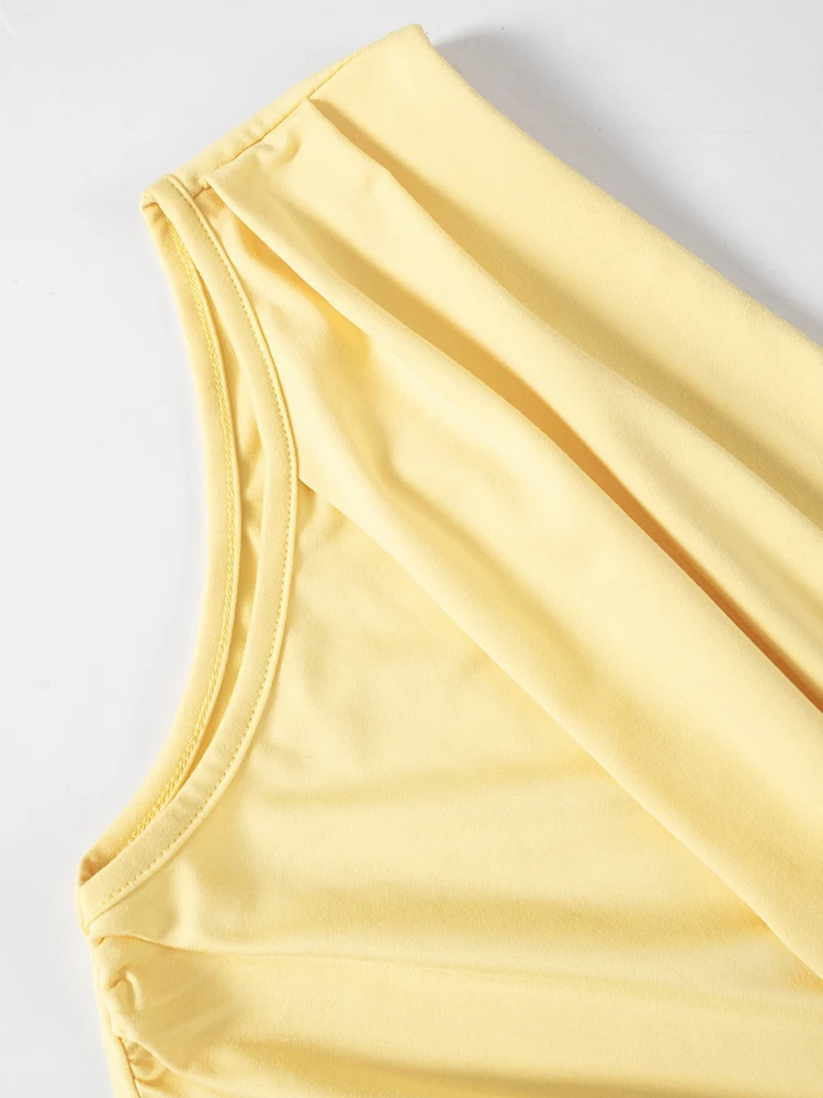 Incline Shoulder Vests Women Solid Concise Summer Stacked Ruched Slim Crop Tanks Female Basic Street Holiday Wild Tops