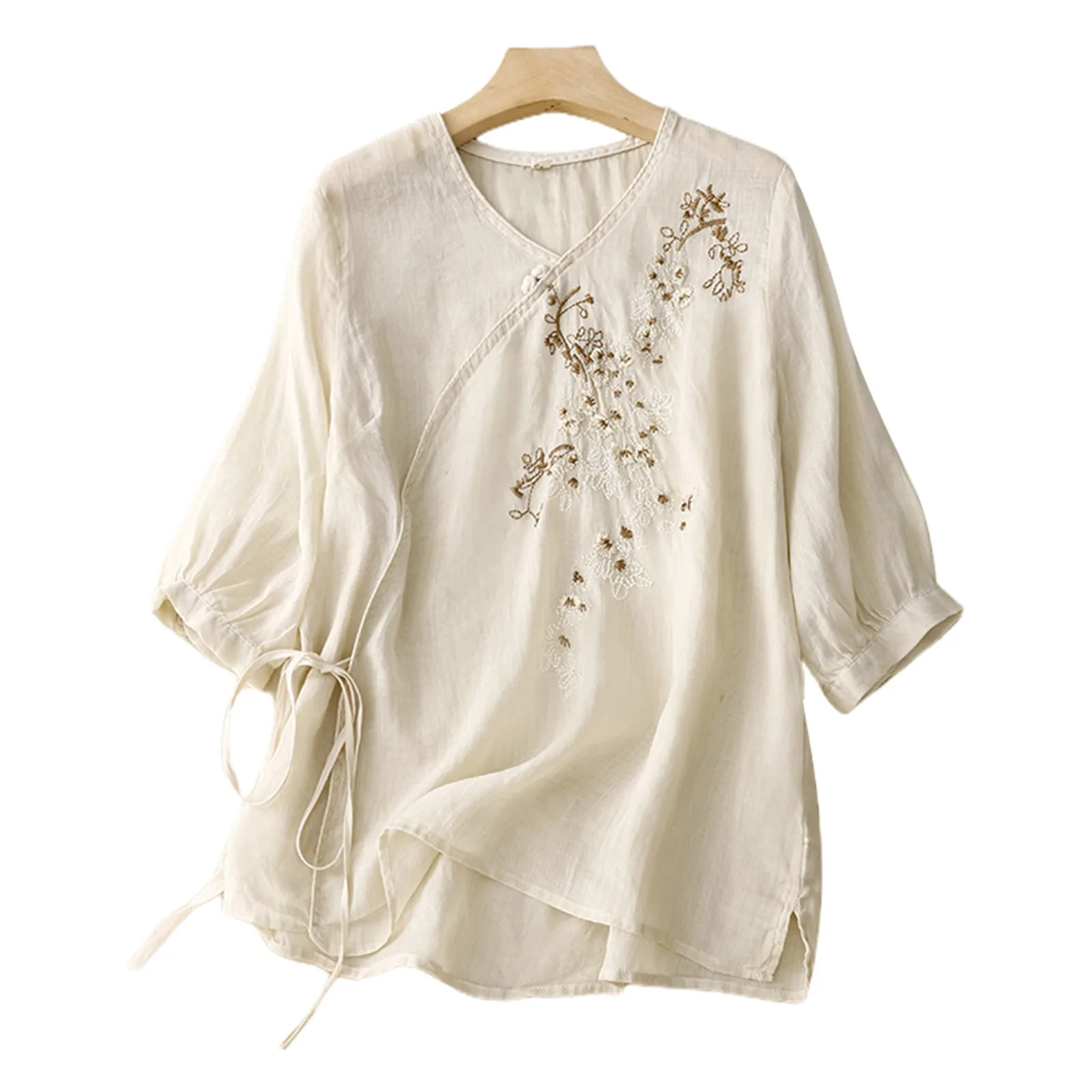 

Футболка женская льняная с вышивкой, V-образным вырезом и длинным рукавом