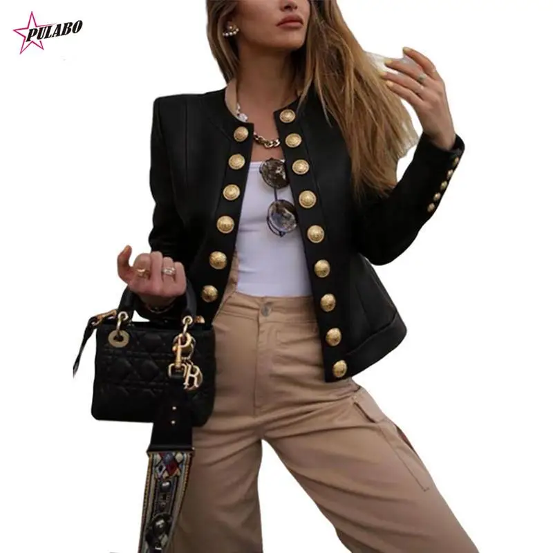 

PULABO Women Buttons Blazers Leather Long Sleeve Biker Casual Short Coat Top Ladies Autumn Winter Streetwear Fashion Female