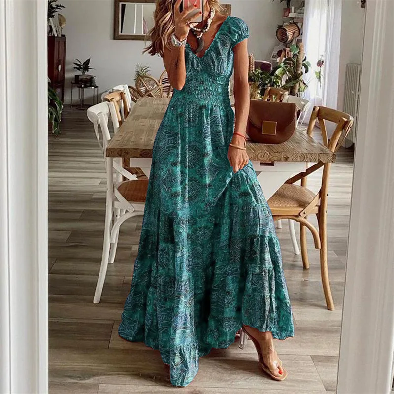 

Vintage Long Dresses Women Summer Floral Print Bohemian Beach Sundress Woman Retro V Neck Big Swing Party Maxi Dresses