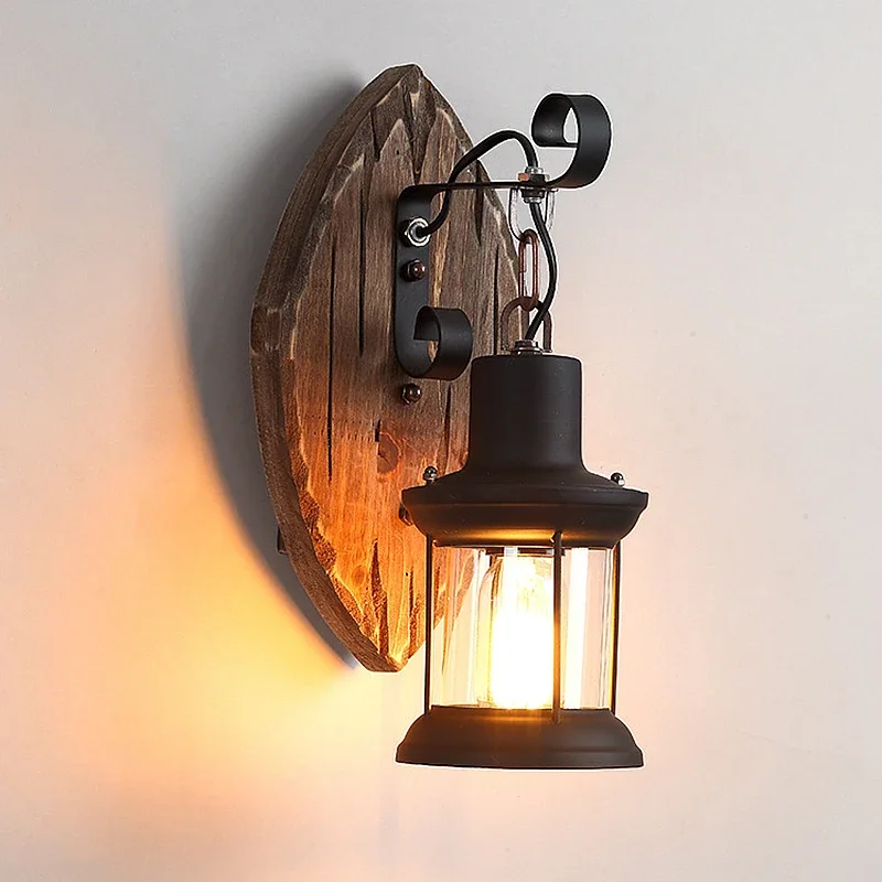 

Outdoor LED Sconces Antique Loft Wall Lamp Wood Glass Vintage Industrial Retro Wall Sconce for Bedroom Restaurant Cafe Bar