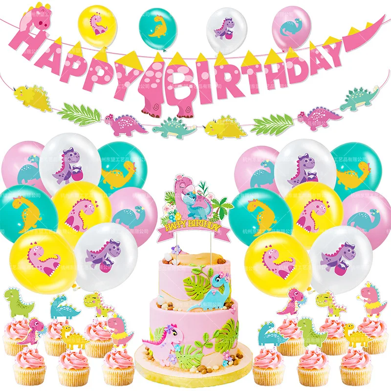 

Pink Dinosaur Balloons Jurassic Jungle Dragon Party Decoration Cake Topper Happy Birthday Banner Latex Ballons Kids girl Toy