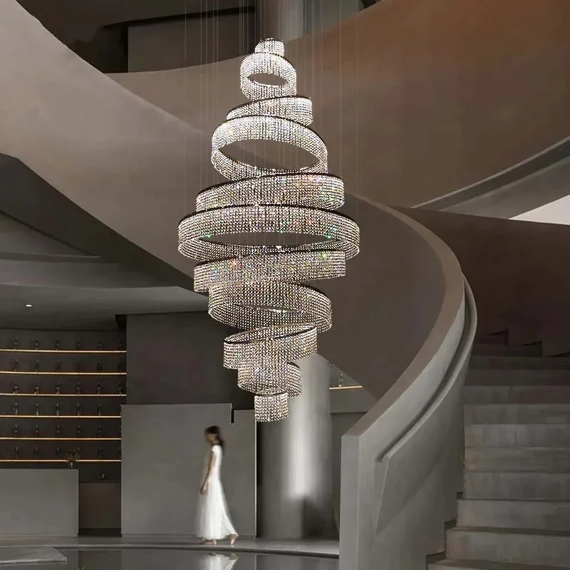 

Luxury Staircase Crystal LED Chandelier For Living Room Lobby Large Modern Ring Cristal Hanging Lighting Chrome Long Indoor Lamp