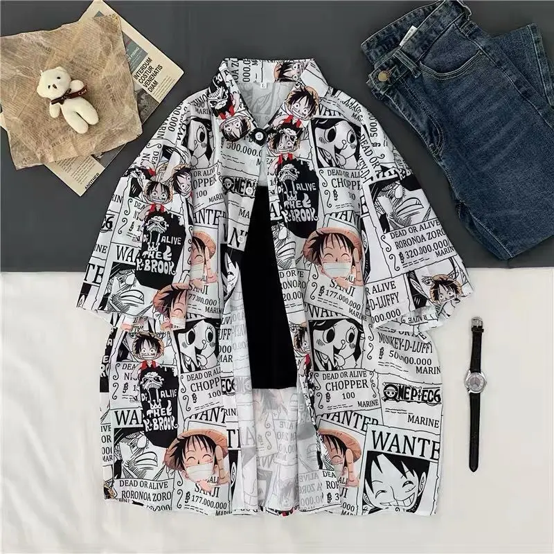 Japan Anime One Piece Luffy Printed Vintage Shirt Summer New Men Hawaiian Short Sleeve Casual Mens Women Couple Shirts Oversized