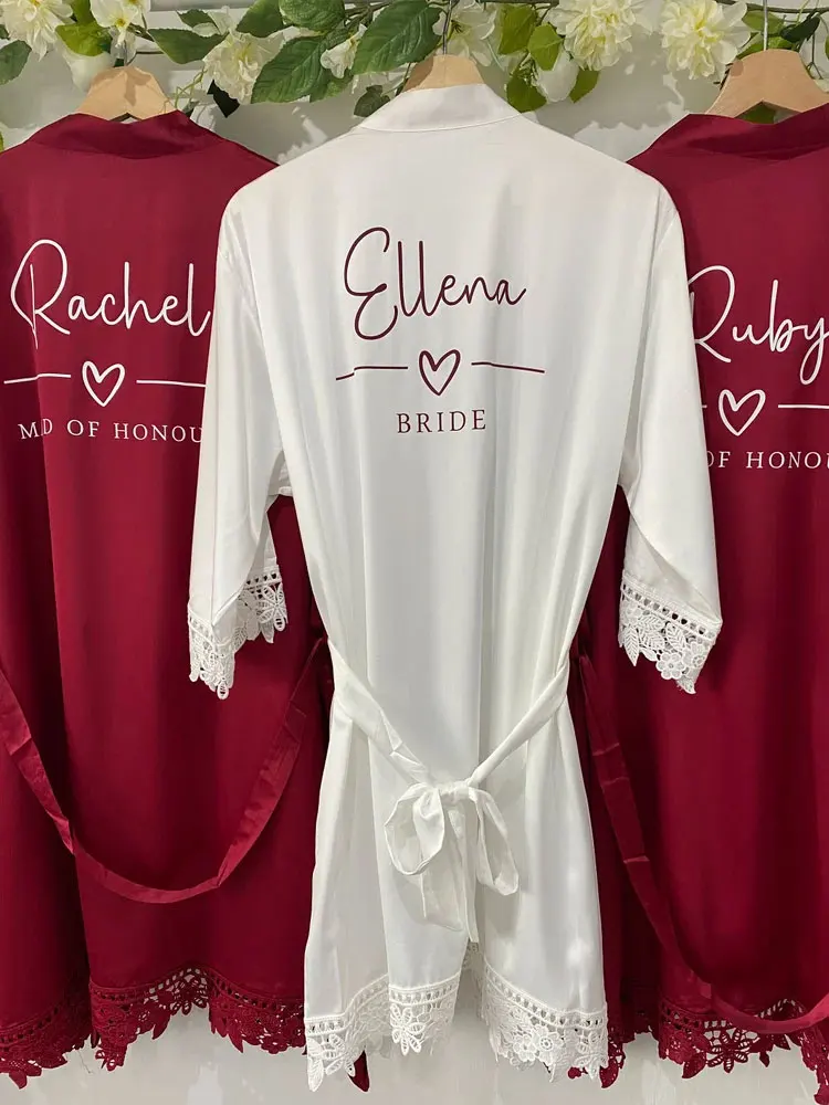 Personalized Burgundy Satin Lace Bridal Party Robe