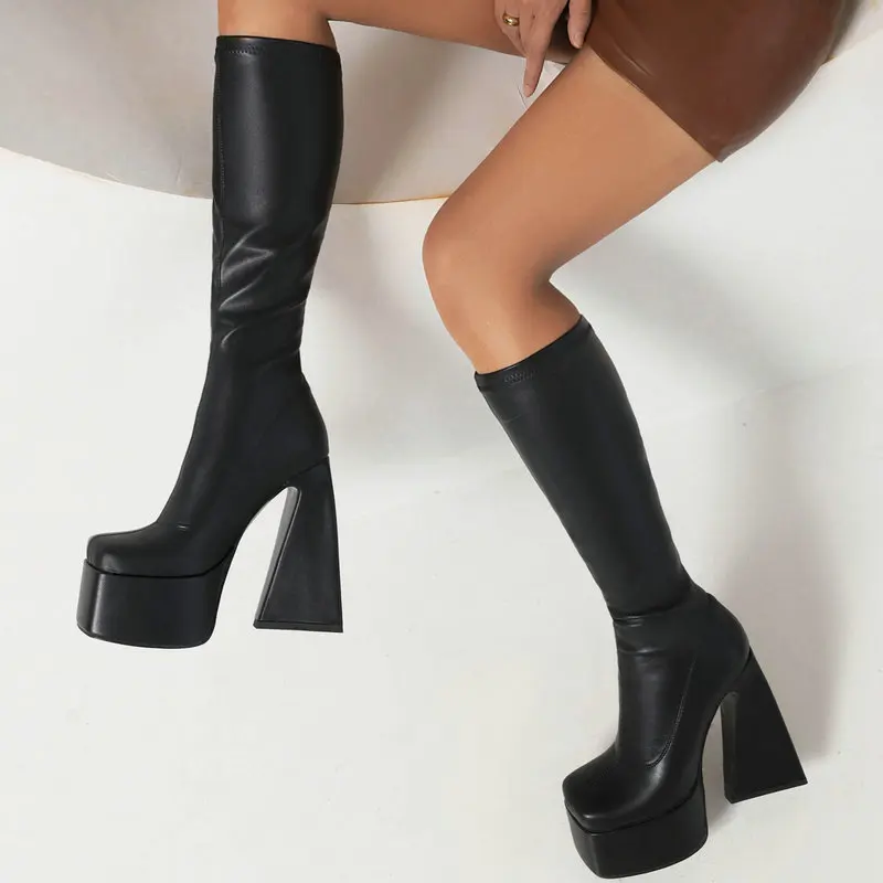 

2022 Fashion Women Knee High Boots Platform Hoof High Heel Long Boots Squaer Toe Zipper Autumn Winter Punk Boots Ladies Shoes