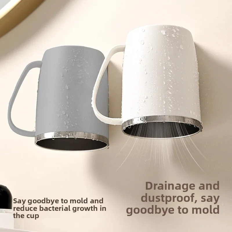 Magnetic Mouthwash 304 Stainless Steel Brush Mounted Non Perforated Toothbrush Cup Wall Shelf With Handle_voghion.com