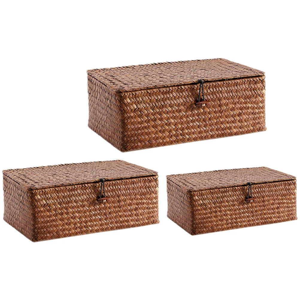 

Woven Basket Lid Seagrass Storage Baskets Rectangular Rattan Box Stackable Storage Boxes Makeup Organizer Container