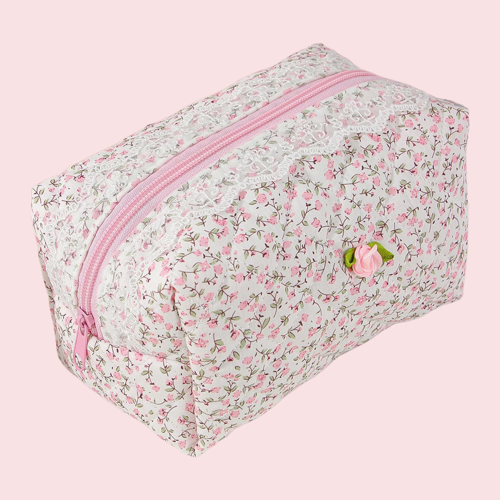Cotton Quilted Makeup Bag Large Travel Toiletry Bag Pink Floral Toiletry Organizer for Women and Girls