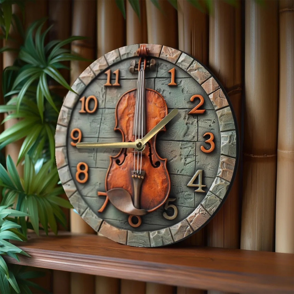 Wooden Wall Clock with Violin Design, Ideal for Home & Office Decoration, Requires AA Batteries 4