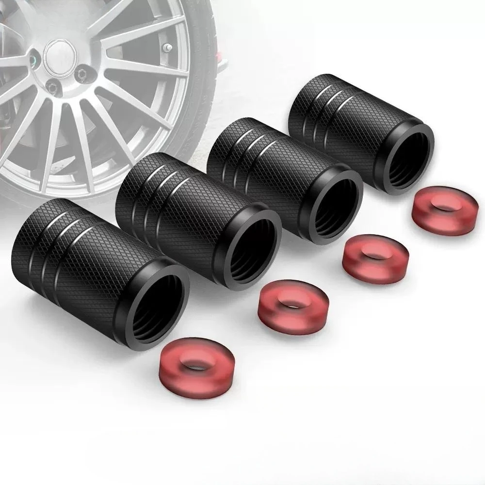 4Pcs Black Silver Car Tire Valve Stems Cap Knurling Style Tire Valve