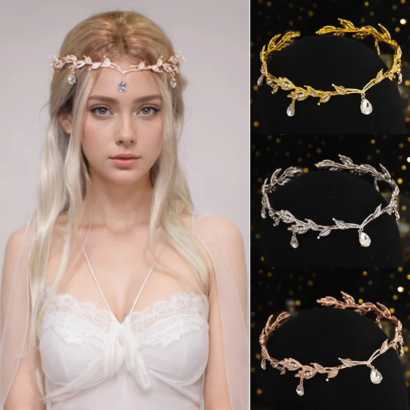 Fashionable and Luxurious Elf Crown Bridal Crystal Rhinestone Waterdrop Leaf Hair Accessories Romantic Head Accessories For Women