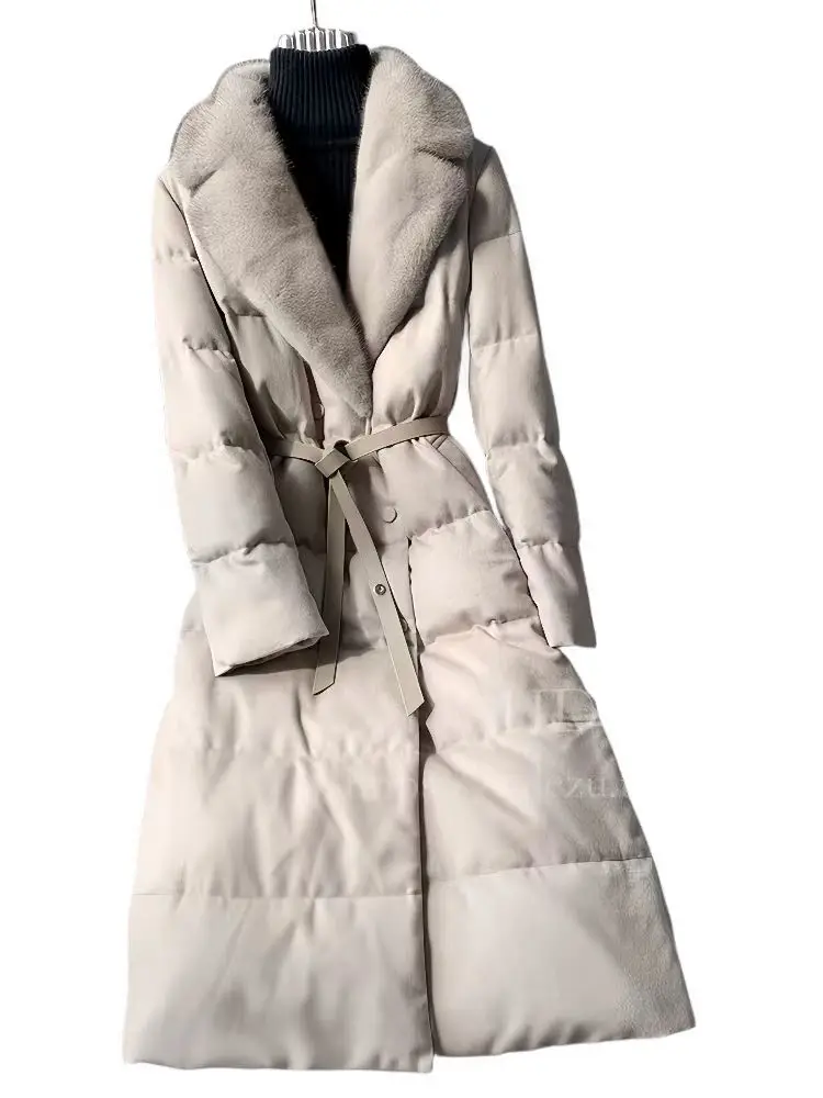 Imitation Mink Fur Collar Eco-friendly Fur Down Jacket, High-end Long Waist Tied White Duck down jacket, women' winter New Style