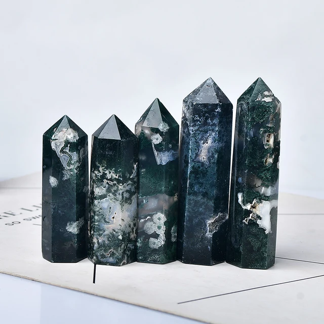 Natural Moss Agate Crystal Point Healing Stone Green Water Plant Agate Hexagonal Prisms Obelisk Wand Ornaments DIY Gift 1PC