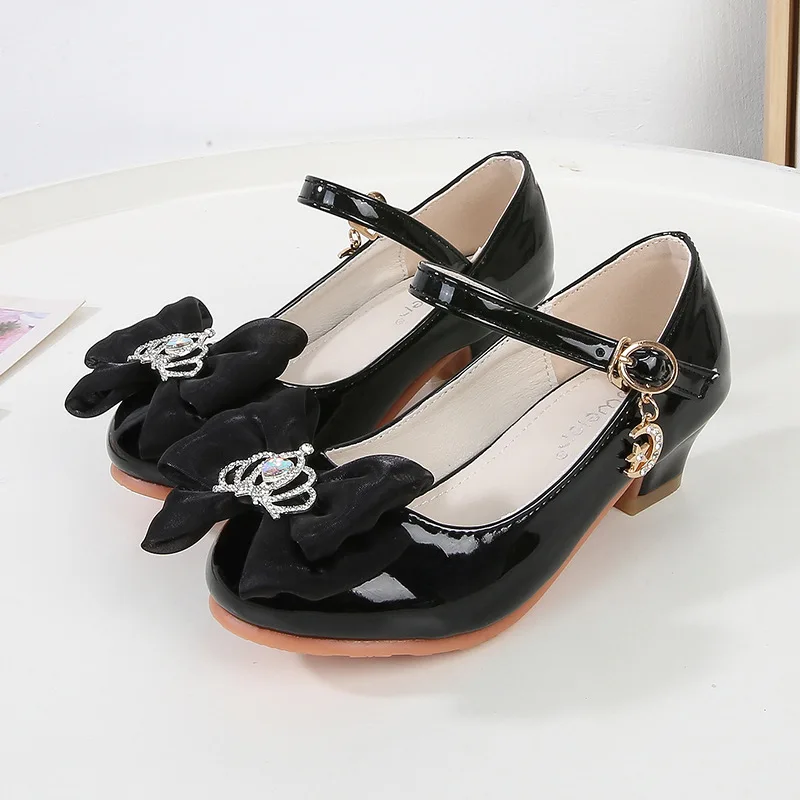 Children Girl Dance Dress Shoes Fashion Crown Bowknot Kids Leather Shoe Spring Wedding Princess High-heels Single Shoes