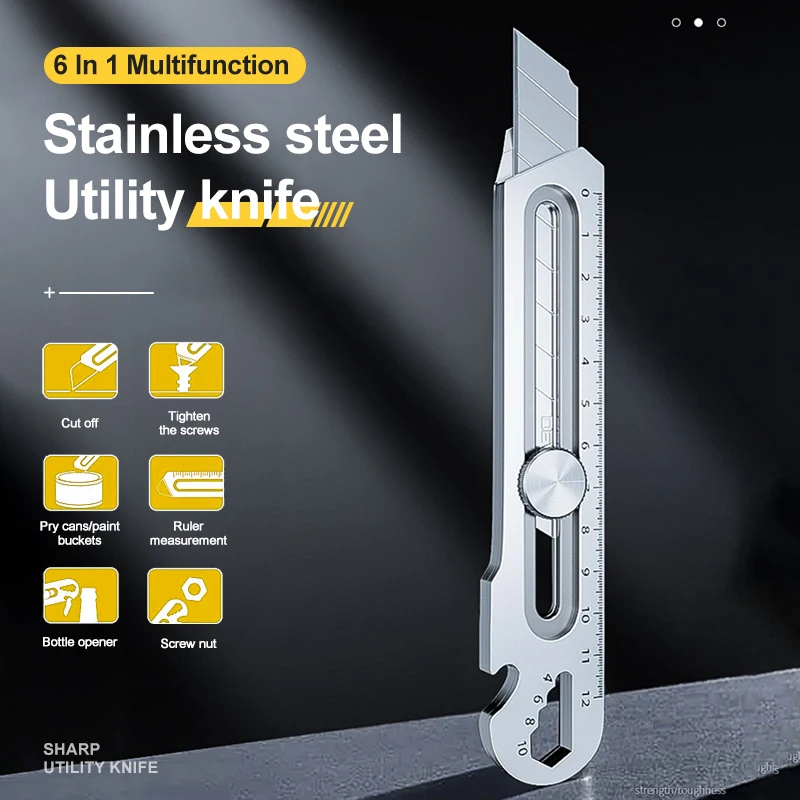 6 in 1 Stainless Steel Utility Knife Multi-Function Opener Retractable Box Cutter Portable Office Home Courier Unboxing Knifes