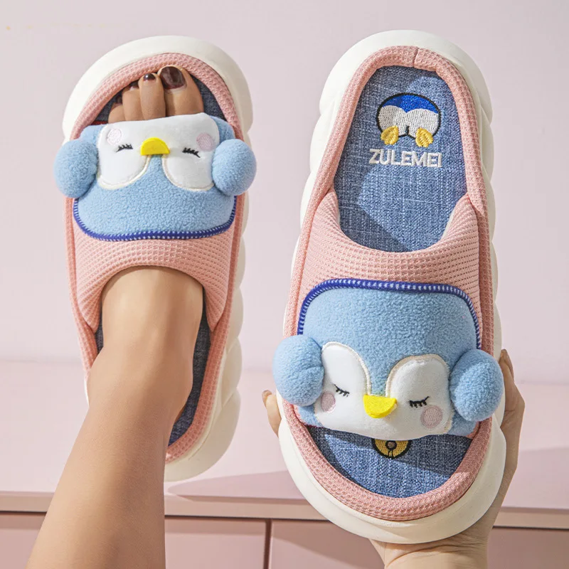 Linen Casual Platform Slippers Women Home Cartoon Penguin Cute Designer Shoes Girls 2024 Fashion House Slipper Flats Large Size
