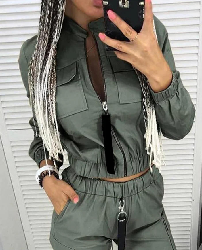 Women's New Fashion Pockets Zipper Design Ruched Coat & Casual Cargo Pants Set Spring Women Sporty Trousers Sets solid women s tracksuit casual two piece pants sets off shoulder strapless crop top and ruched bodycon trousers matching suits