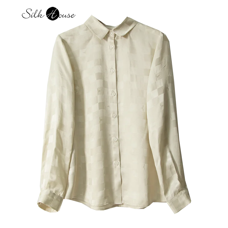 2023 Women's Fashion Autumn New Versatile Style Beige Line Checkered Jacquard Satin Natural Mulberry Silk Office Shirt