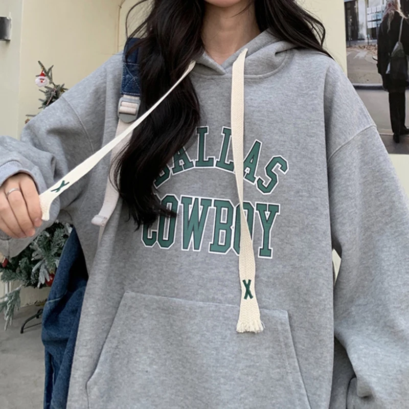 Boring Honey Oversize Pullover Hooded Sweatshirts Loose And Comfortable Winter Letter Retro Fashion Women Blouses Hoodies Tops