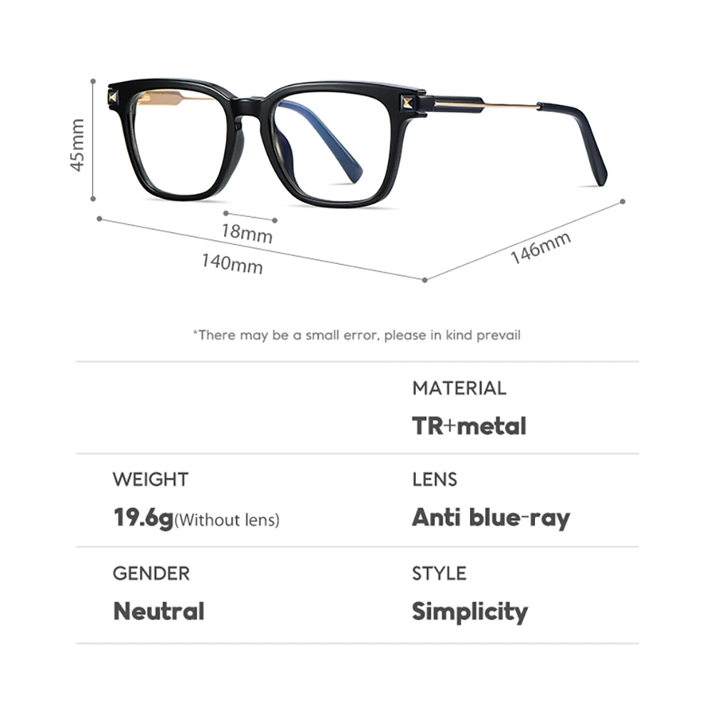 Peekaboo unisex blue light filter glasses for women half metal square glasses frame for men TR90 spring hinge black transparent 6