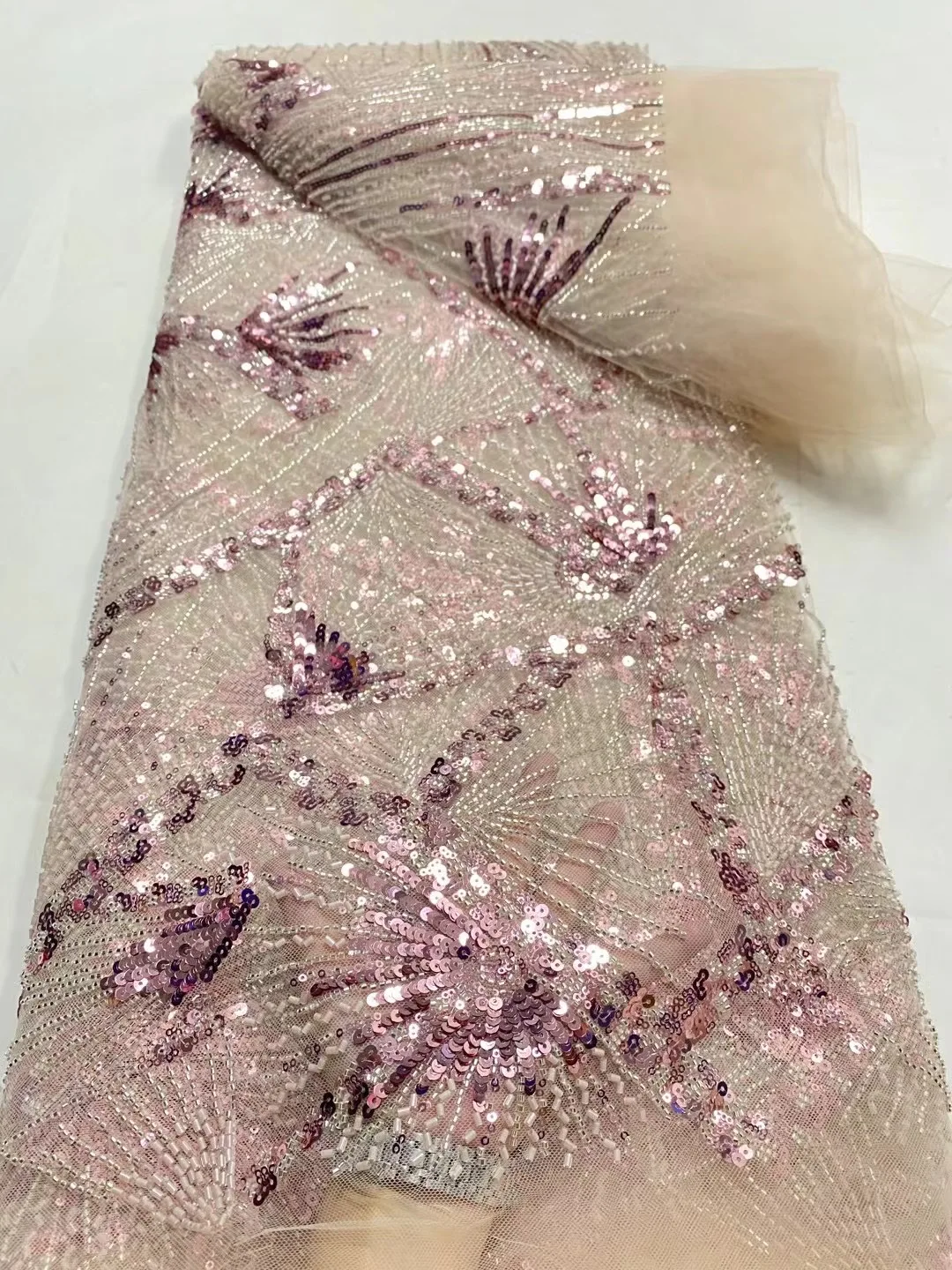 African Groom Sequined Lace Fabrics High Quality French Tulle Beaded Mesh Lace Fabrics Wedding Dress Material Sewing
