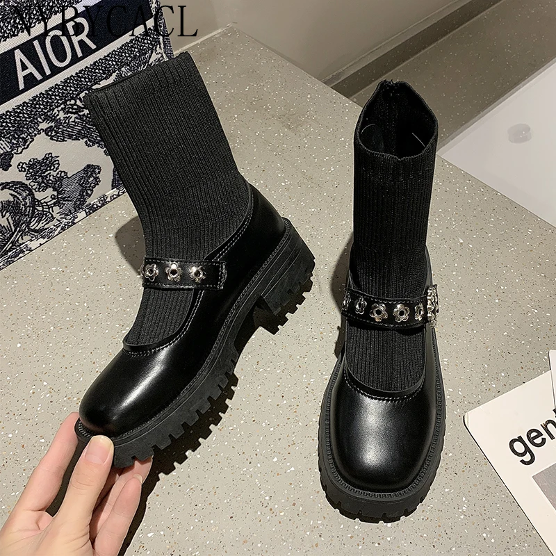 New Women's Socks Boots Metal Decorative Hedging Women's Shoes All-match Comfortable Retro Ladies Boots Commuter Women's Boots