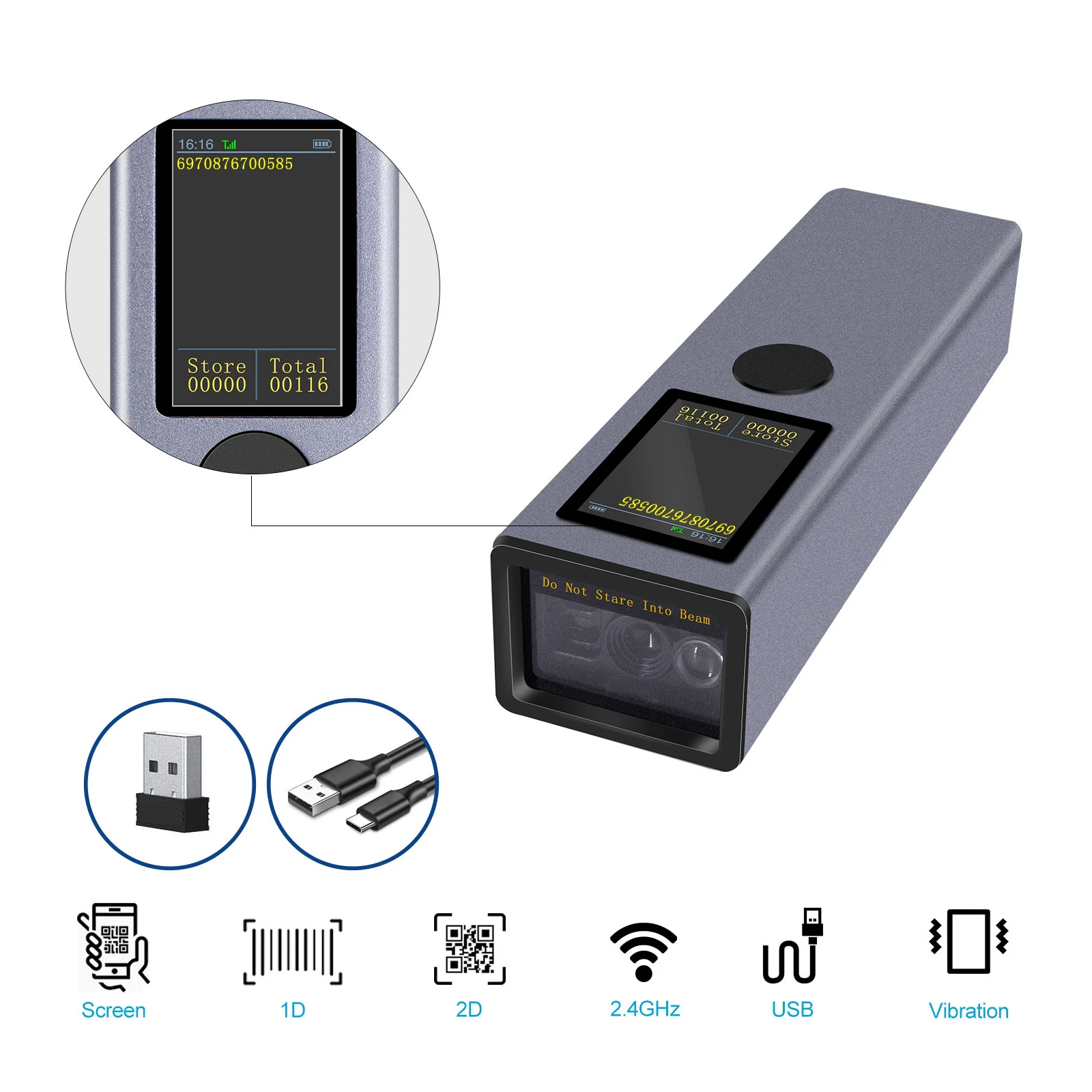 2D1D QR Barcode Scanner TFT Screen 3 in 1 BT & 2.4GHz Wireless & Wired Connection Sound and Vibrator Prompt Support Offline barcode scanner