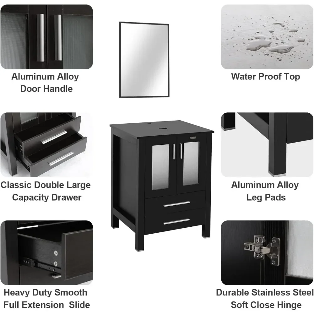 24" Modern Bathroom Vanity Sink Combo Black Stand Cabinet with White Boat Ceramic Vessel Sink & Water Save Faucet & Pop Up Drain 5