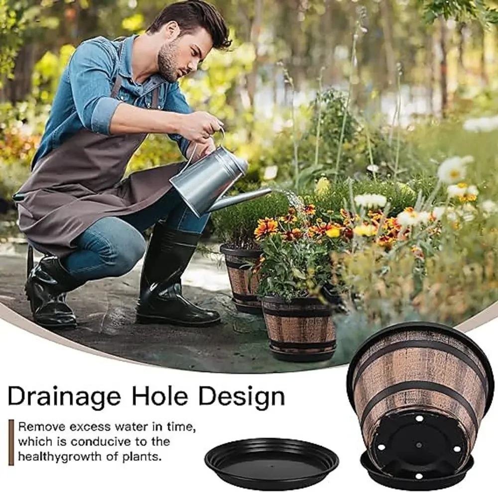 Rustic Wine Barrel-Inspired Plastic Planters for Indoor & Outdoor Gardens
