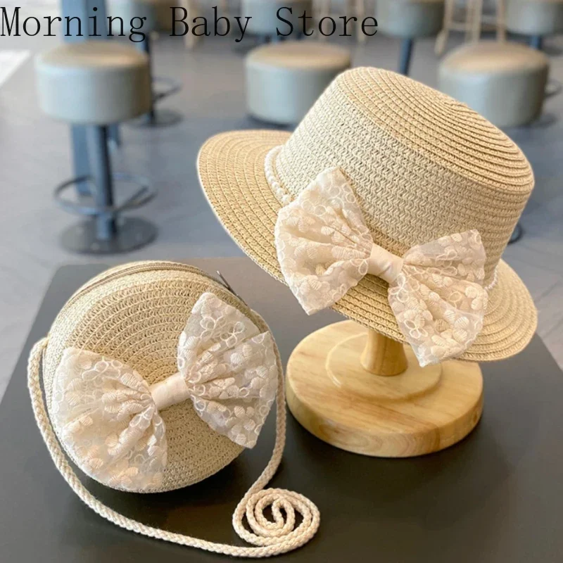 

Fashion Lace Baby Hat Bag Summer Straw Bow Baby Girl Cap Beach Children Panama Hat Princess Baby Hats and Caps for 3-6 Years Old