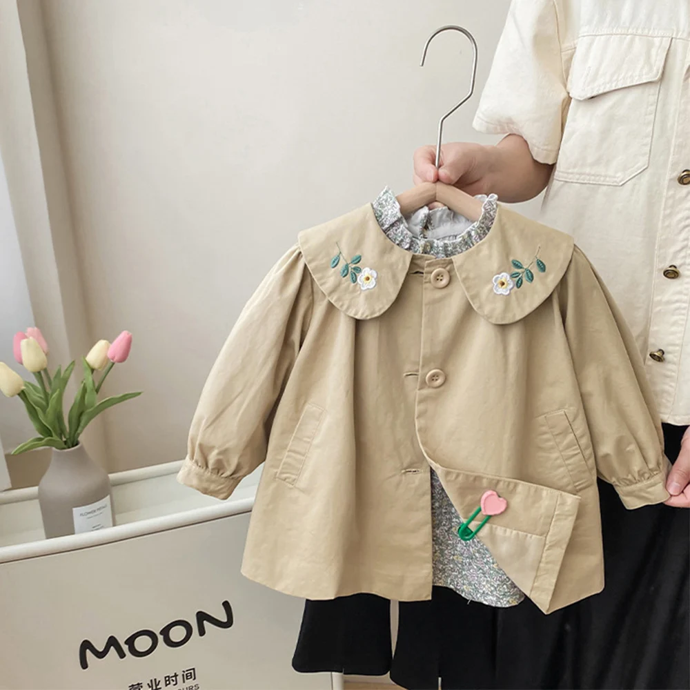 Kids Girls Trench Coat Floral Embroidery Peter Pan Collar Versatile Windbreaker Children Casual One Breasted A-Line Jackets 1-8Y