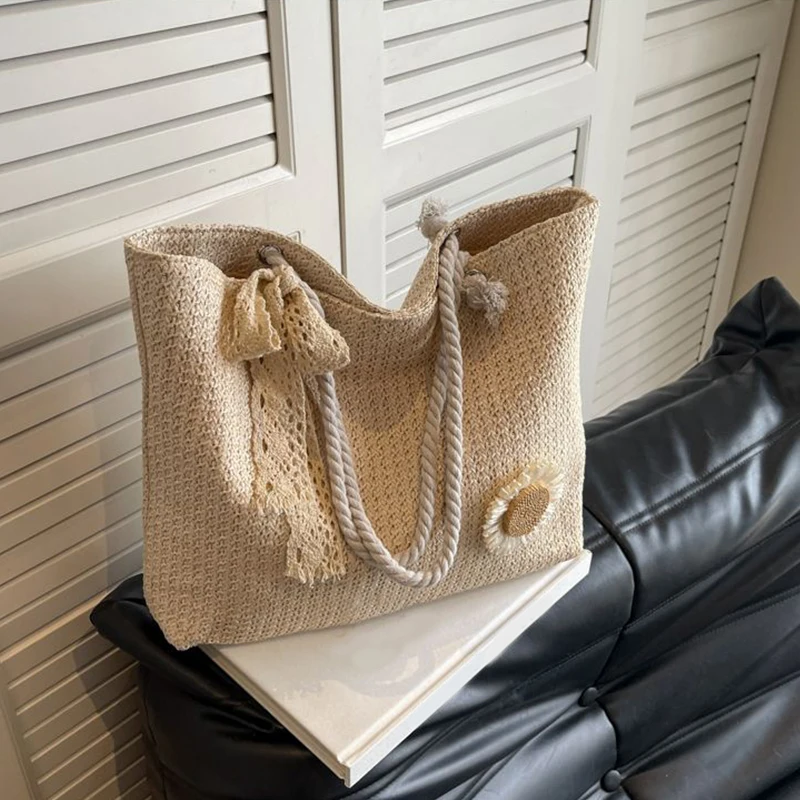 Fashion Straw Women Lace Ribbon Shoulder Bags Woven Female Handbags Large Capacity Summer Beach Straw Bags Casual Tote Purses