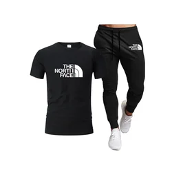 Men's Tracksuit 2 Piece Set Fashion Summer Short Sleeve 100% Cotton T Shirt+Long Pants Male Clothing
