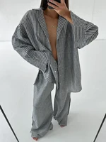 Marthaqiqi Striped Women'S Pajamas Suit Long Sleeve Nightgowns Sexy Turn-Down Collar Nightwear Pants Loose Ladies Sleepwear Set